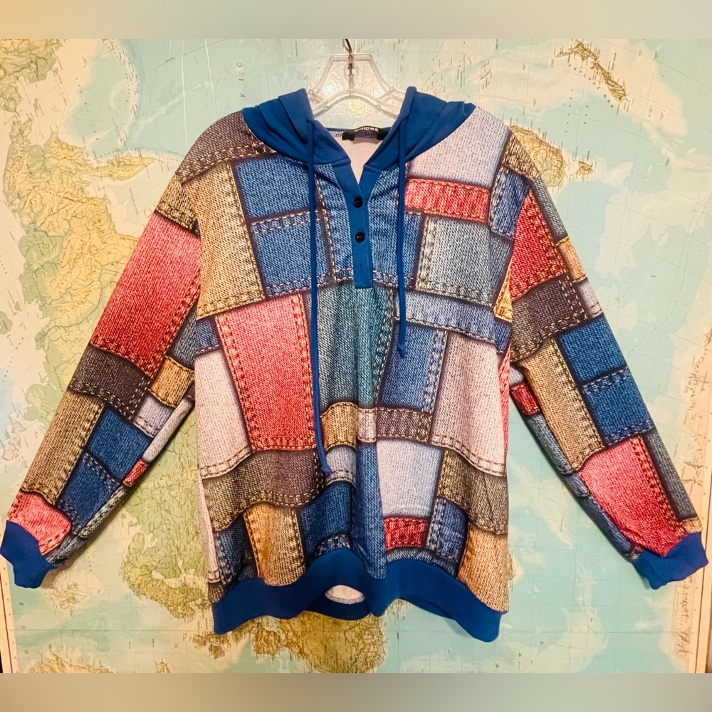Patchwork Print Button Front Long Sleeve Hooded Sweatshirt - XL "Chicme"